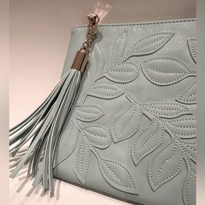 NWOT A New Day Women’s Celadon Leather Clutch with Appliquéd Leaves and Tassel